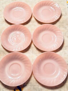 Set of 6 Vtg. FIRE KING Pink Swirled Edge Saucers 5 3/4" U.S.A.